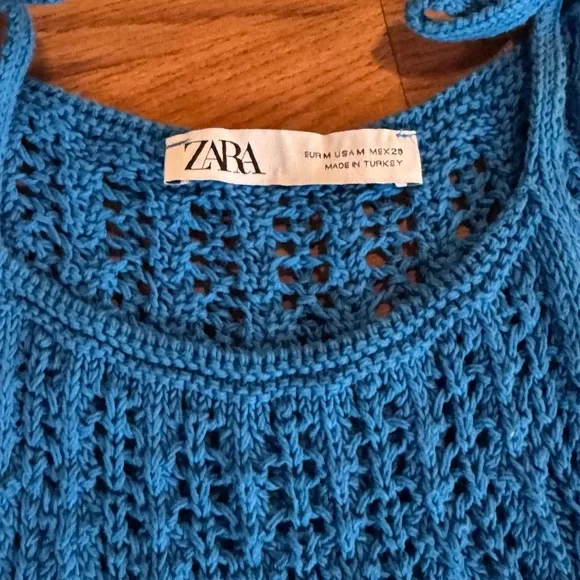 Zara Blue Knit Crochet Tank Top Scalloped Hem Size M - Picture 2 of 3